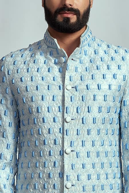 Buy_ARJUUN KILACHAND_Blue Raw Silk Embroidered Sherwani _Online_at_Aza_Fashions