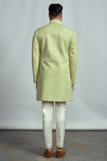 Shop Arjuun Kilachand Green Raw Silk Embroidered Sherwani at Aza Fashions Shop_Arjuun Kilachand_Green Raw Silk Embroidered Sherwani _at_Aza_Fashions
