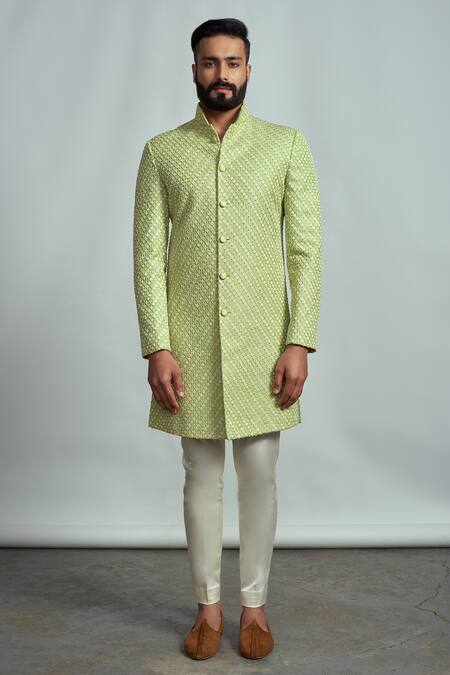 Arjuun Kilachand Green Raw Silk Embroidered Sherwani Online at Aza Fashions Arjuun Kilachand_Green Raw Silk Embroidered Sherwani _Online_at_Aza_Fashions
