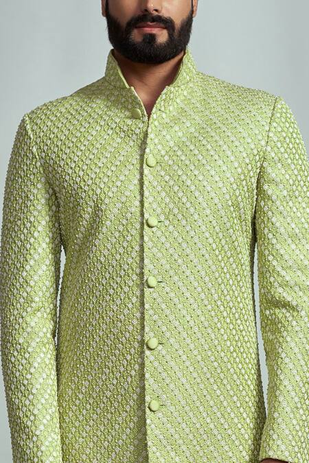 Buy Arjuun Kilachand Green Raw Silk Embroidered Sherwani Online at Aza Fashions Buy_Arjuun Kilachand_Green Raw Silk Embroidered Sherwani _Online_at_Aza_Fashions
