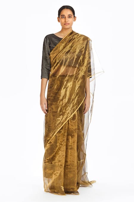 Akaaro_Gold Handwoven Silk Saree  _Online_at_Aza_Fashions
