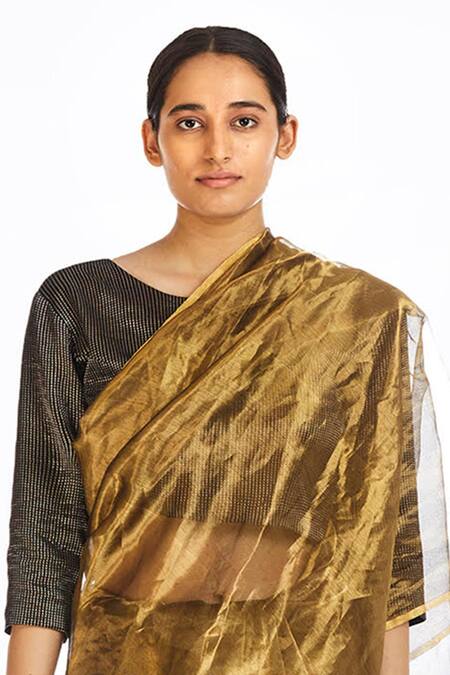 Shop_Akaaro_Gold Handwoven Silk Saree  _Online_at_Aza_Fashions