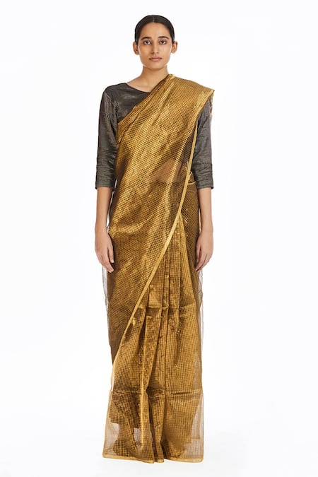 Akaaro_Gold Handwoven Silk Saree  _Online_at_Aza_Fashions