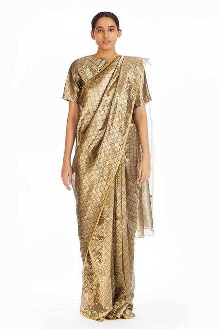 Akaaro_Gold Handwoven Silk Saree  _Online_at_Aza_Fashions