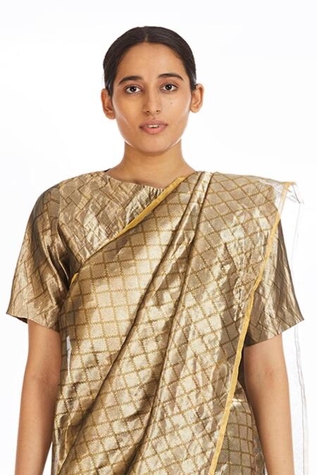 Shop_Akaaro_Gold Handwoven Silk Saree  _Online_at_Aza_Fashions