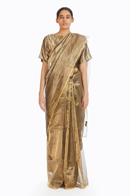Akaaro_Gold Handwoven Silk Saree  _Online_at_Aza_Fashions