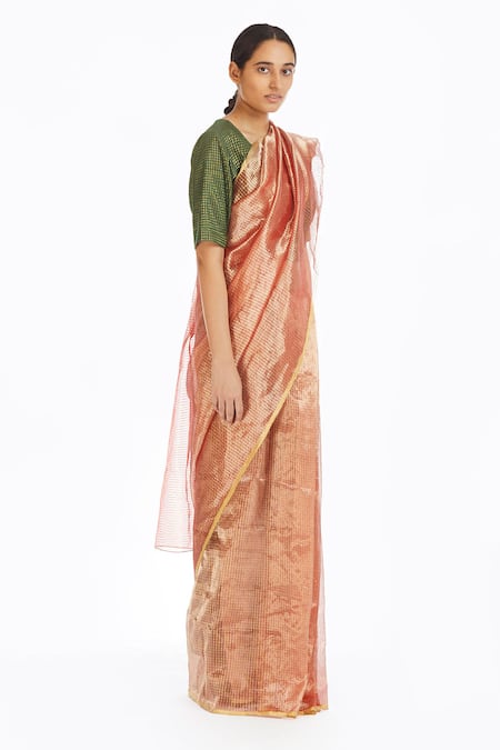 Akaaro_Pink Handwoven Silk Saree  _Online_at_Aza_Fashions