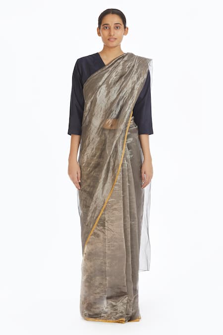 Akaaro_Silver Handwoven Silk Saree _Online_at_Aza_Fashions