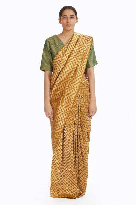 Akaaro_Yellow Handwoven Silk Brocade Saree  _Online_at_Aza_Fashions