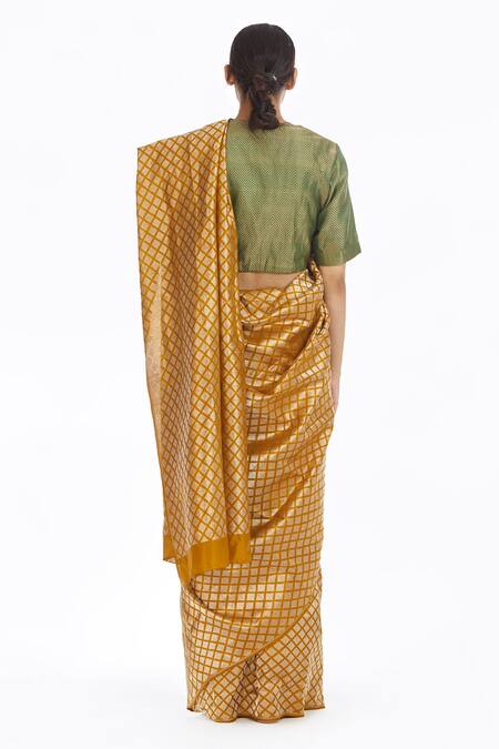 Shop_Akaaro_Yellow Handwoven Silk Brocade Saree  _at_Aza_Fashions