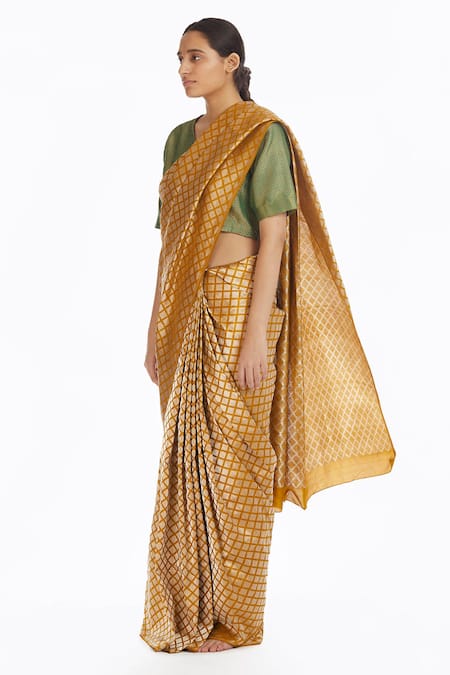Buy_Akaaro_Yellow Handwoven Silk Brocade Saree  _Online_at_Aza_Fashions