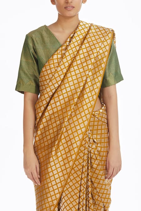Shop_Akaaro_Yellow Handwoven Silk Brocade Saree  _Online_at_Aza_Fashions