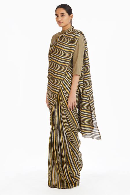 Akaaro_Multi Color Handwoven Linen Cotton Silk Saree  _Online_at_Aza_Fashions