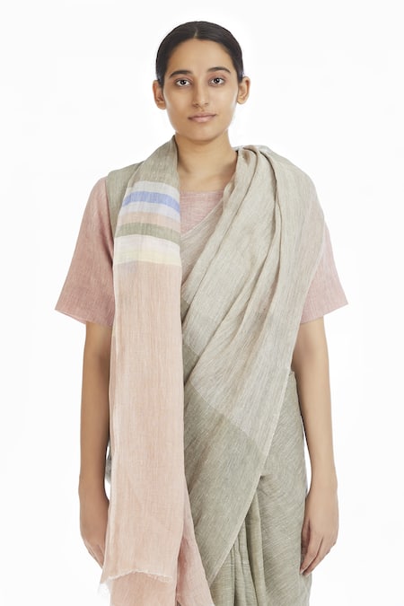 Buy_Akaaro_Green Handwoven Linen Saree  _Online_at_Aza_Fashions