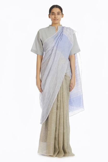 Akaaro Blue Handwoven Linen Saree For Women
