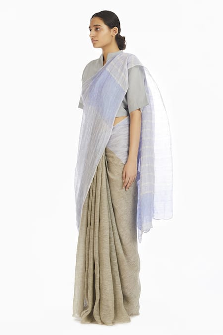 Akaaro_Blue Handwoven Linen Saree  _Online_at_Aza_Fashions