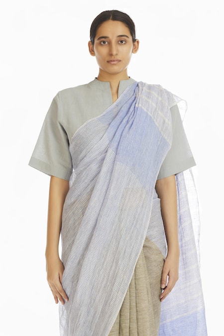 Buy_Akaaro_Blue Handwoven Linen Saree  _Online_at_Aza_Fashions