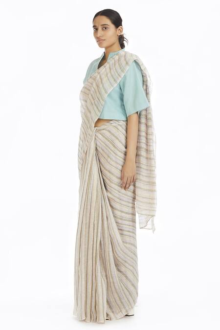 Akaaro_Multi Color Handwoven Linen Saree  _Online_at_Aza_Fashions