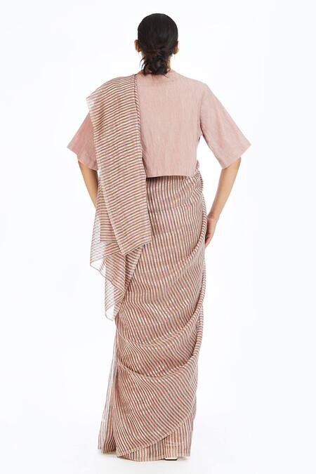 Shop_Akaaro_Pink Handwoven Linen Saree  _at_Aza_Fashions