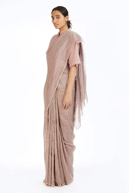 Akaaro_Pink Handwoven Linen Saree  _Online_at_Aza_Fashions