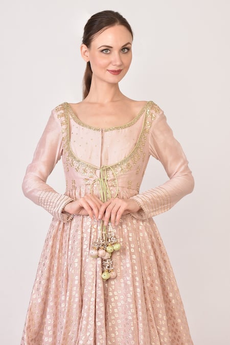 Avnni Kapur_Pink Net, Chanderi Mukaish, Sequin, Dabka And Gota Work U Anarkali With Dupatta_Online_at_Aza_Fashions
