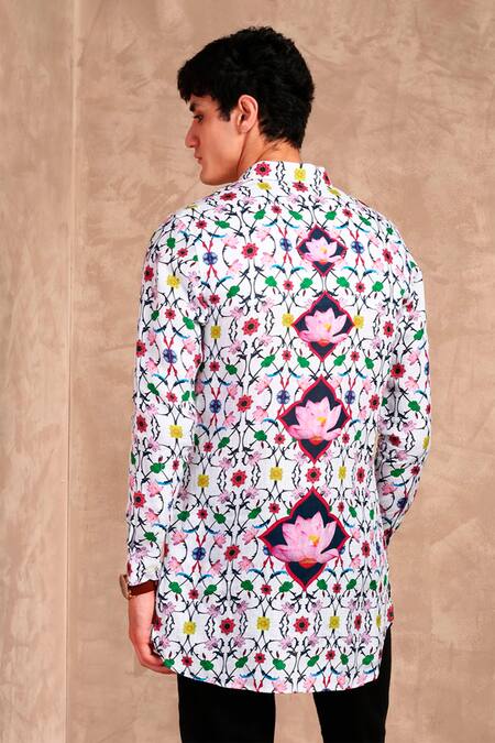 Shop MR. Ajay Kumar White Linen Digital Print Animal And Floral Motif Shirt at Aza Fashions Shop_MR. Ajay Kumar_White Linen Digital Print Animal And Floral Motif Shirt _at_Aza_Fashions