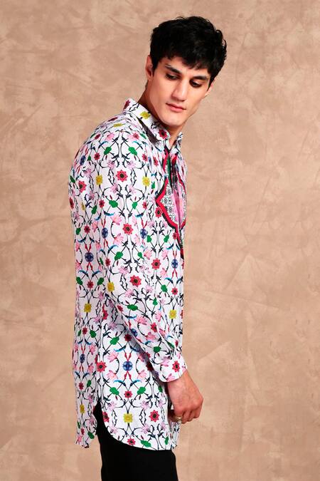 MR. Ajay Kumar White Linen Digital Print Animal And Floral Motif Shirt Online at Aza Fashions MR. Ajay Kumar_White Linen Digital Print Animal And Floral Motif Shirt _Online_at_Aza_Fashions