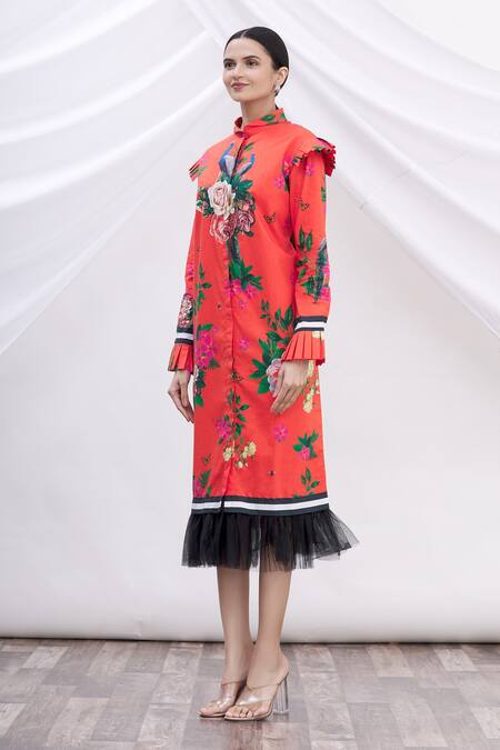 Shop MR. Ajay Kumar Red Cotton Floral Printed Shirt Dress Online at Aza Fashions Shop_MR. Ajay Kumar_Red Cotton Floral Printed Shirt Dress _Online_at_Aza_Fashions