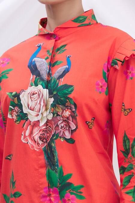 MR. Ajay Kumar Red Cotton Floral Printed Shirt Dress at Aza Fashions MR. Ajay Kumar_Red Cotton Floral Printed Shirt Dress _at_Aza_Fashions