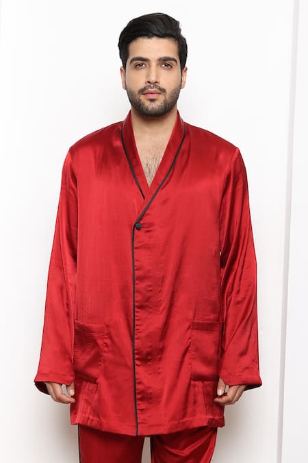 Arjuun Kilachand_Red Silk Lounge Shirt And Pant Set _Online_at_Aza_Fashions