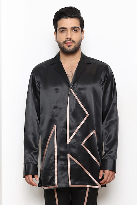 Arjuun Kilachand_Black Satin Lounge Shirt And Pant Set _Online_at_Aza_Fashions