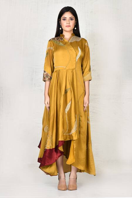 Khwaab By Sanjana Lakhani_Yellow Thread Band Asymmetrical Dress_Online_at_Aza_Fashions