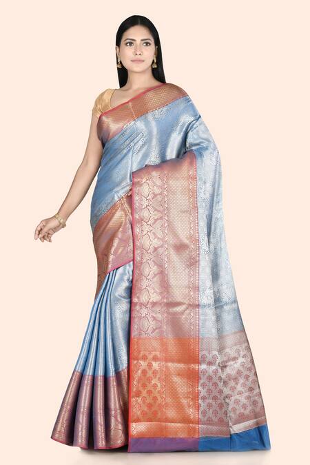 Nazaakat by Samara Singh Blue Banarasi Cotton Tissue Tanchoi Silk Saree