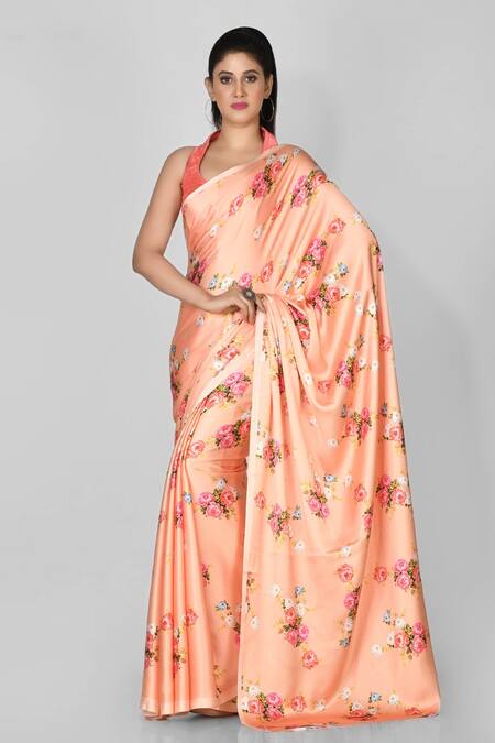 Coral Peach Dual Tone Satin Silk Saree - Urban Womania