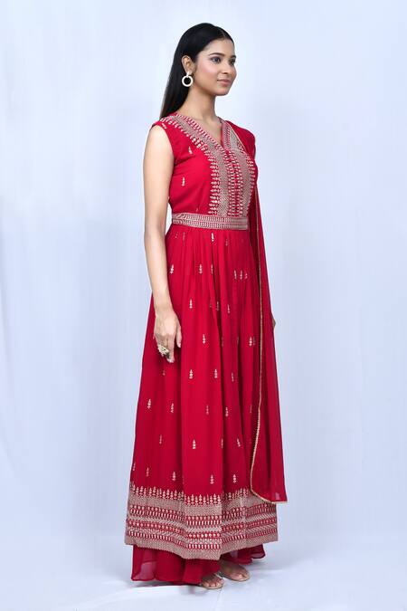Adara Khan_Red Anarkali And Dupatta Georgette, Sharara Embroidered Front Slit Set_at_Aza_Fashions