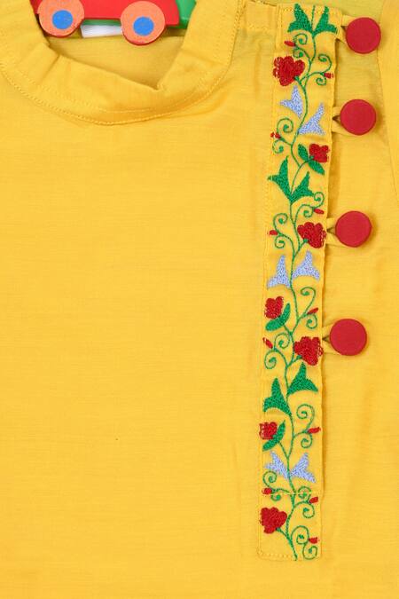 Buy_APRICOTKIDS_Yellow , Satin Embroidery Kurta And Dhoti Pant Set _Online_at_Aza_Fashions