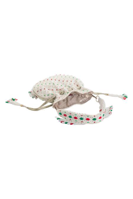 Aloha By PS_White Beads, Embroidery Embellished Tassel Potli Bag_Online_at_Aza_Fashions