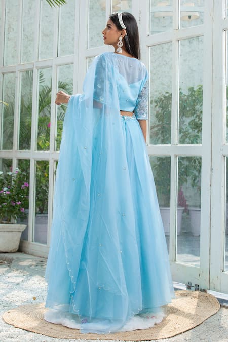Shop Kanj By Priyanka A Sakhuja Blue Organza Sequin, Zari And Bead Work Square Neck Alara Embroidered Lehenga Set at Aza Fashions Shop_Kanj By Priyanka A Sakhuja_Blue Organza Sequin, Zari And Bead Work Square Neck Alara Embroidered Lehenga Set _at_Aza_Fashions