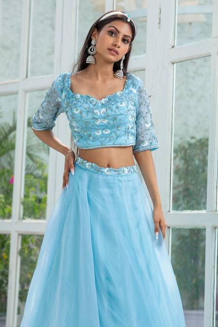 Kanj By Priyanka A Sakhuja Blue Organza Sequin, Zari And Bead Work Square Neck Alara Embroidered Lehenga Set Online at Aza Fashions Kanj By Priyanka A Sakhuja_Blue Organza Sequin, Zari And Bead Work Square Neck Alara Embroidered Lehenga Set _Online_at_Aza_Fashions