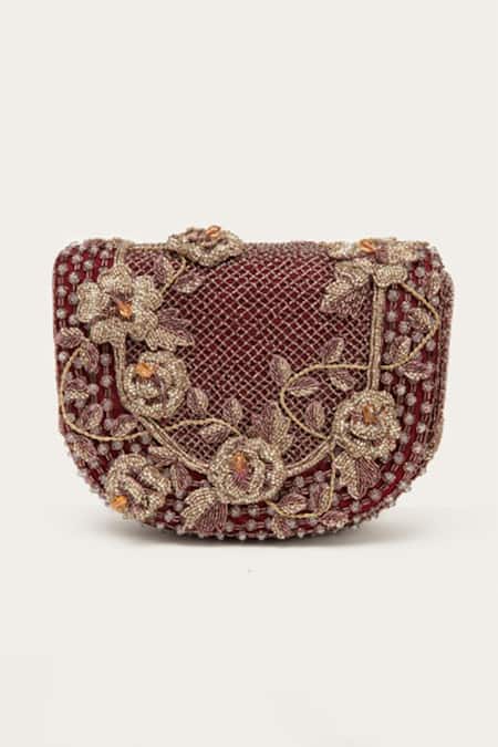 Shop Doux Amour Maroon Embroidery, Beads Callie Embellished Sling Bag at Aza Fashions Shop_Doux Amour_Maroon Embroidery, Beads Callie Embellished Sling Bag _at_Aza_Fashions