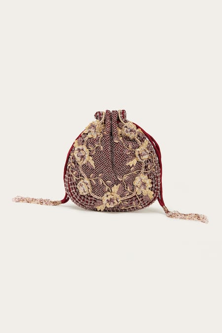 Shop_Doux Amour_Maroon Hand Embroidered And Embellished Gloria Potli Bag _at_Aza_Fashions