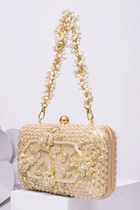 Shop_Doux Amour_Gold Hand Embroidered And Embellished Miebox Clutch _at_Aza_Fashions