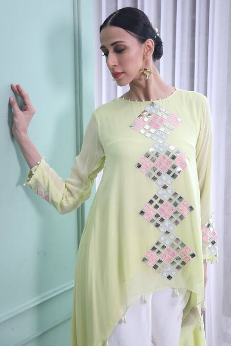 Seams Pret And Couture_Green Georgette Hand Embroidered Bead Work Alexa Asymmetric Kurta And Pant Set _Online_at_Aza_Fashions