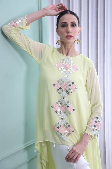 Buy_Seams Pret And Couture_Green Georgette Hand Embroidered Bead Work Alexa Asymmetric Kurta And Pant Set _Online_at_Aza_Fashions