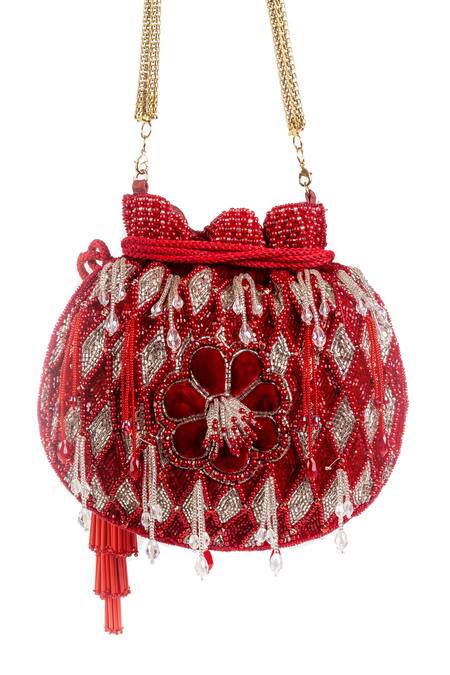 SG Collection By Sonia Gulrajani Red Hand Cut Beads Work Alexia Velvet Embroidered Potli Bag Online at Aza Fashions SG Collection By Sonia Gulrajani_Red Hand Cut Beads Work Alexia Velvet Embroidered Potli Bag _Online_at_Aza_Fashions