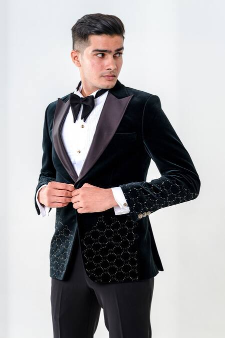 Shop_Amrit Dawani_Green Velvet, Cotton Embroidery Geometric Pattern Tuxedo Set _Online_at_Aza_Fashions