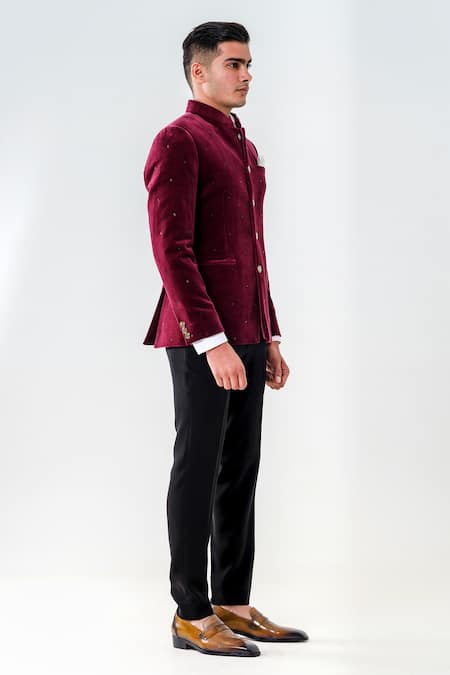 Amrit Dawani_Maroon Velvet Cut Work Scattered Cutdana Embroidered Jodhpuri Set _Online_at_Aza_Fashions