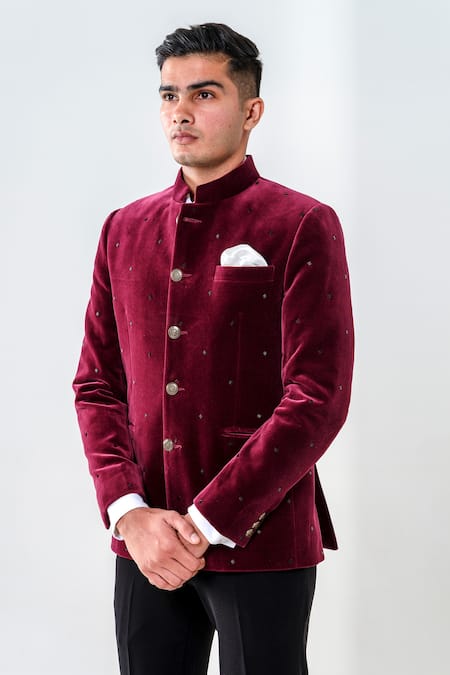 Shop_Amrit Dawani_Maroon Velvet Cut Work Scattered Cutdana Embroidered Jodhpuri Set _Online_at_Aza_Fashions