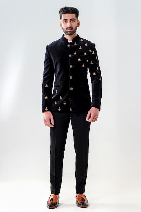 Amrit Dawani_Black Velvet Embroidery Shell Motif Jodhpuri Set _Online_at_Aza_Fashions