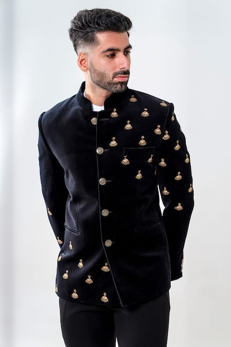 Buy_Amrit Dawani_Black Velvet Embroidery Shell Motif Jodhpuri Set _Online_at_Aza_Fashions